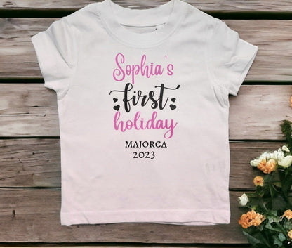 Personalised First Holiday T Shirt My 1st Trip Top Name Date Girl's Boys Cotton Tee Flight Vacation Choice Baby Kids Child Going Away Plane