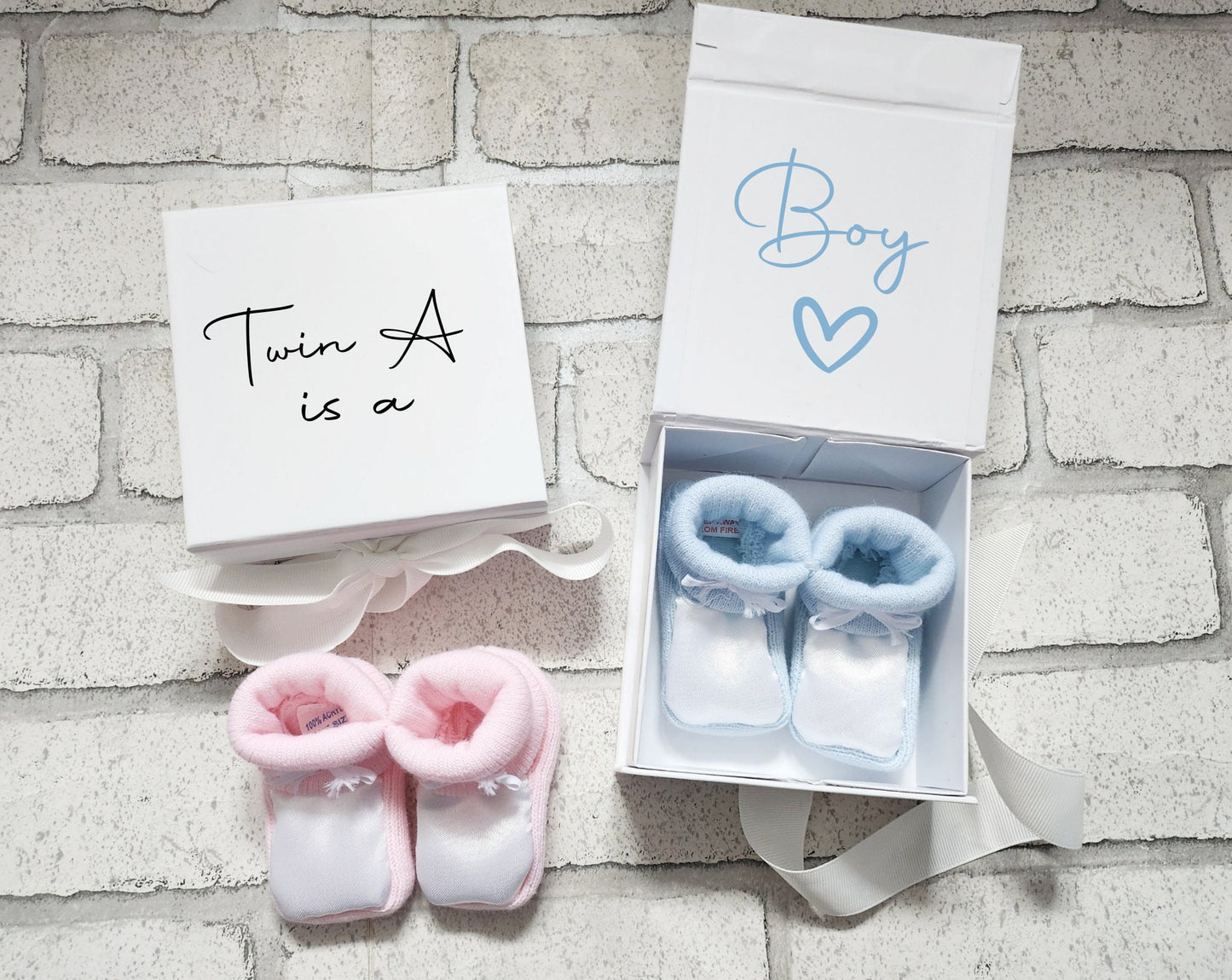 Twin Gender Reveal Pregnancy Announcement Twin A and Twin B Set of Two Baby Shoes Boxed Pink or Blue Personalised Cute Novelty Gift