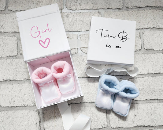 Twin Gender Reveal Pregnancy Announcement Twin A and Twin B Set of Two Baby Shoes Boxed Pink or Blue Personalised Cute Novelty Gift