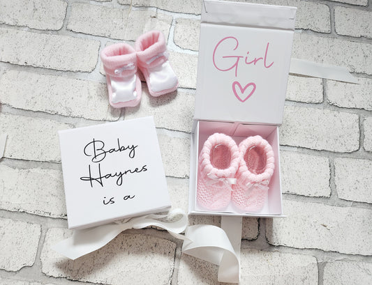 Personalised Gender Reveal Pregnancy Announcement It's a Boy or It's a Girl Baby Booties Gift Boxed Pink or Blue Cute Novelty