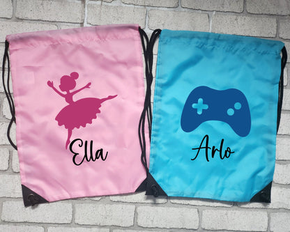 Personalised Kids PE Bag School Gym Drawstring Sports Dance Case Pouch Girls Boys Football Gymnastics Swimming Backpack Children's Club Gift