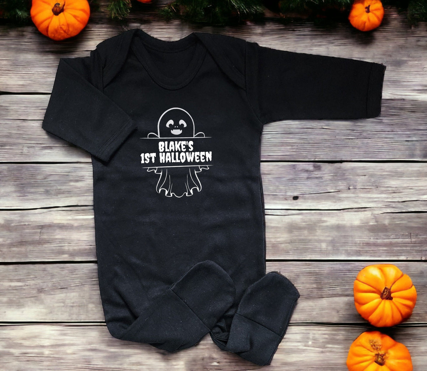 Personalised First Halloween Sleepsuit My 1st Baby Trick Or Treat Costume Ghost Or Witch