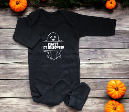 Personalised First Halloween Sleepsuit My 1st Baby Trick Or Treat Costume Ghost Or Witch