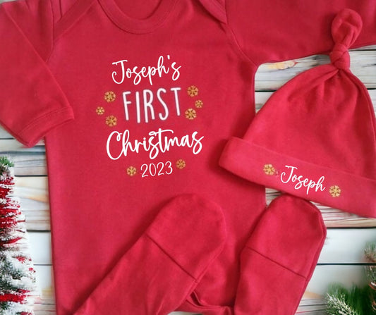 Personalised Baby's First Christmas Sleepsuit or Sleepsuit Hat Set My 1st Xmas Gift New Baby Cotton Red Gold White Silver Vinyl Beanie Name