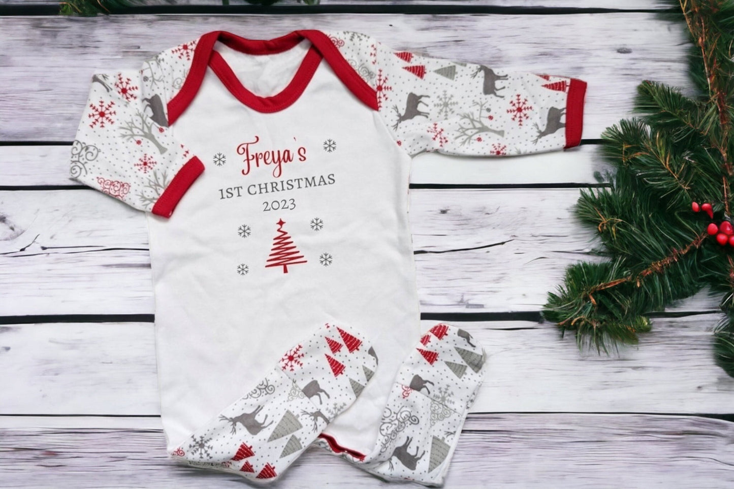 Personalised Baby First Christmas Sleepsuit My 1st Xmas Gift New Baby Cotton Baby's First Christmas Outfit Red Grey Reindeer or Snowman