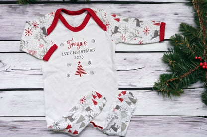 Personalised Baby First Christmas Sleepsuit My 1st Xmas Gift New Baby Cotton Baby's First Christmas Outfit Red Grey Reindeer or Snowman