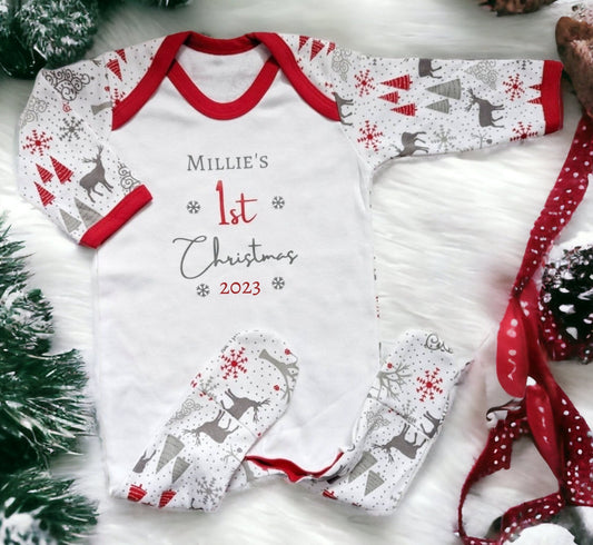 Personalised Baby's First Christmas Sleepsuit My 1st Xmas Gift New Baby Cotton Baby's First Christmas Outfit Red Grey Reindeer or Snowman