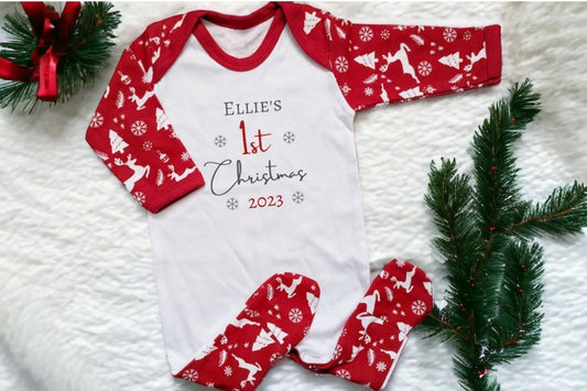 Personalised Baby's First Christmas Sleepsuit My 1st Xmas Gift New Baby Cotton Baby's First Christmas Outfit Red Reindeer