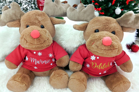 Reindeer Personalised Soft Toy CE Tested Christmas Tshirt Name Rudolff Plush Gift Baby First Xmas Child Cuddly Teddy Stocking Filler 30cm