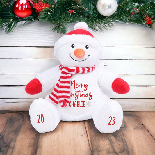Personalised Christmas Teddy Snowman Soft Toy CE Tested First Xmas Gift Baby Child Present Santa Festive Plush 40cm Choice Wording