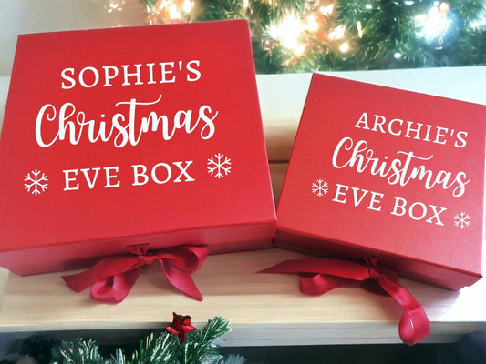 Personalised Christmas Eve Box - Red Xmas Night Keepsake Basket - Child's Name Snowflakes - Medium 22cm Large 30cm