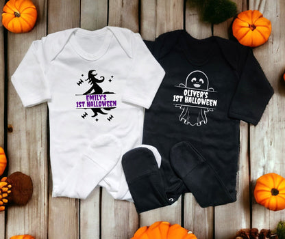 Personalised First Halloween Sleepsuit My 1st Baby Trick Or Treat Costume Ghost Or Witch