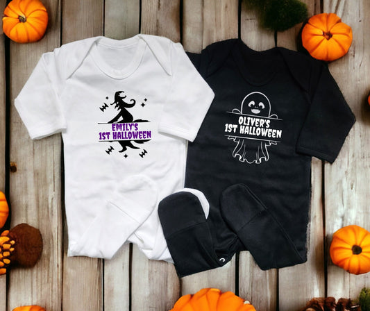Personalised First Halloween Sleepsuit My 1st Baby Trick Or Treat Costume Ghost Or Witch