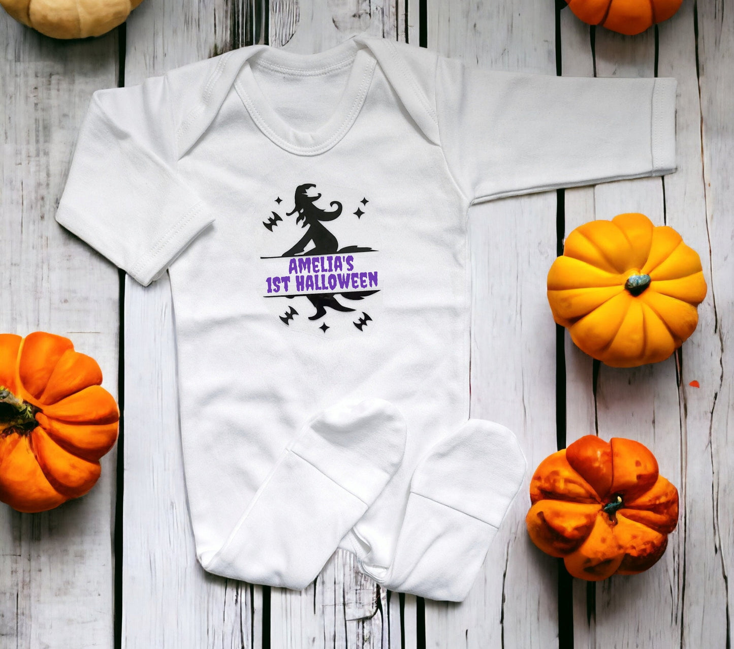 Personalised First Halloween Sleepsuit My 1st Baby Trick Or Treat Costume Ghost Or Witch