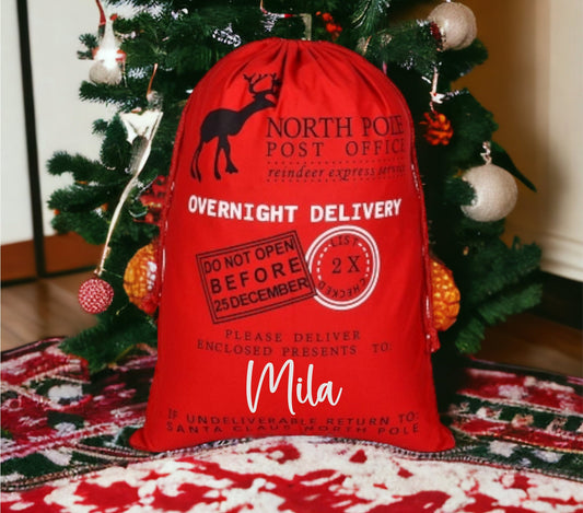 Personalised Santa Sack Christmas Special Delivery Stocking Bag Overnight Don't Open Until 25th December Name North Pole Mail 50cm x 70cm