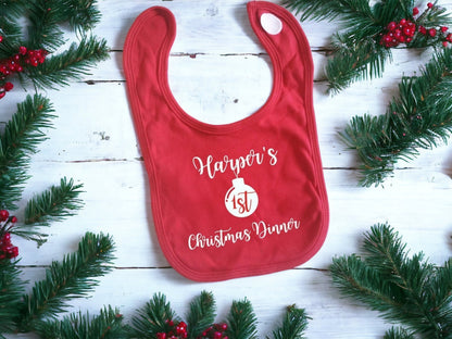 Personalised First Christmas Dinner Bib Baby Outfit My 1st Xmas Lunch Gift New Baby Cotton Red Gold White Silver Bauble Name