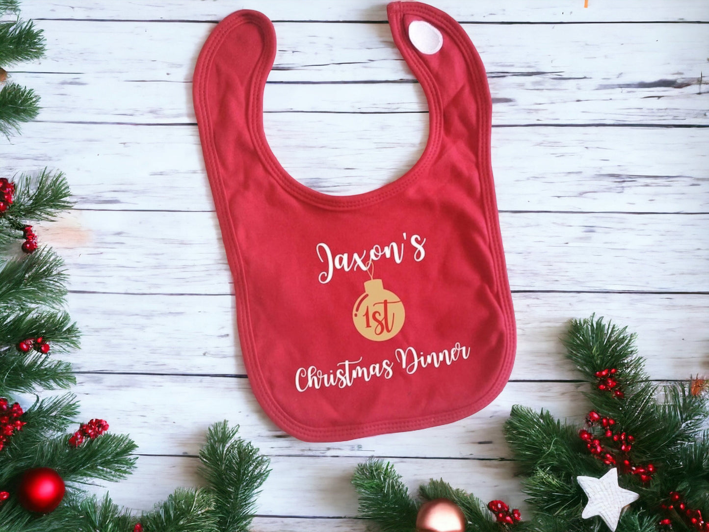 Personalised First Christmas Dinner Bib Baby Outfit My 1st Xmas Lunch Gift New Baby Cotton Red Gold White Silver Bauble Name