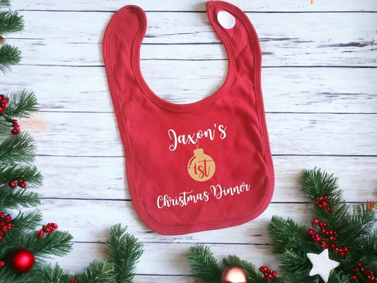 Personalised First Christmas Dinner Bib Baby Outfit My 1st Xmas Lunch Gift New Baby Cotton Red Gold White Silver Bauble Name