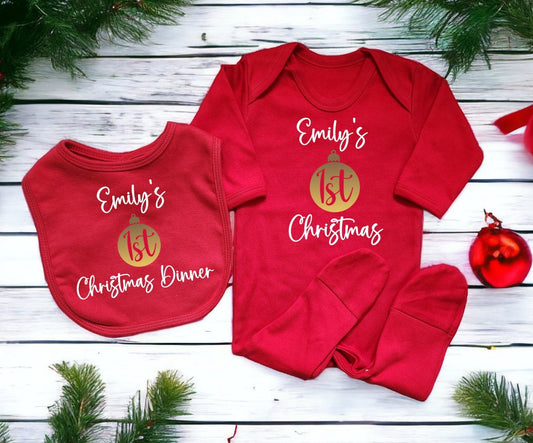 Personalised Baby's First Christmas Sleepsuit My 1st Xmas Romper Gift New Baby Cotton Red Gold White Silver Vinyl Name Baby Boy Girl Present