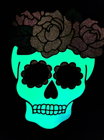 Ladies Floral Skull Sweater Fashion Top Glow in the Dark Glitter Gift for Her Women's Christmas Present Autumn Vibes Halloween