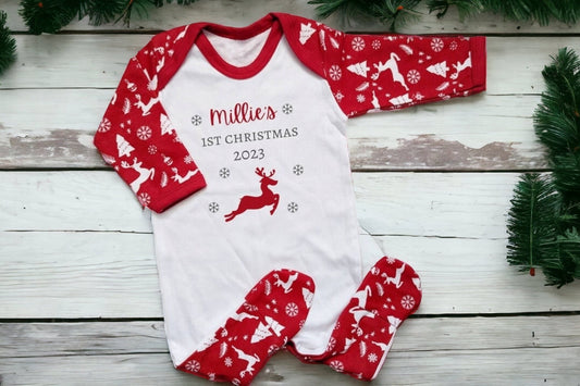 Personalised Baby First Christmas Sleepsuit My 1st Xmas Gift New Baby Cotton Baby's First Christmas Outfit Red Reindeer