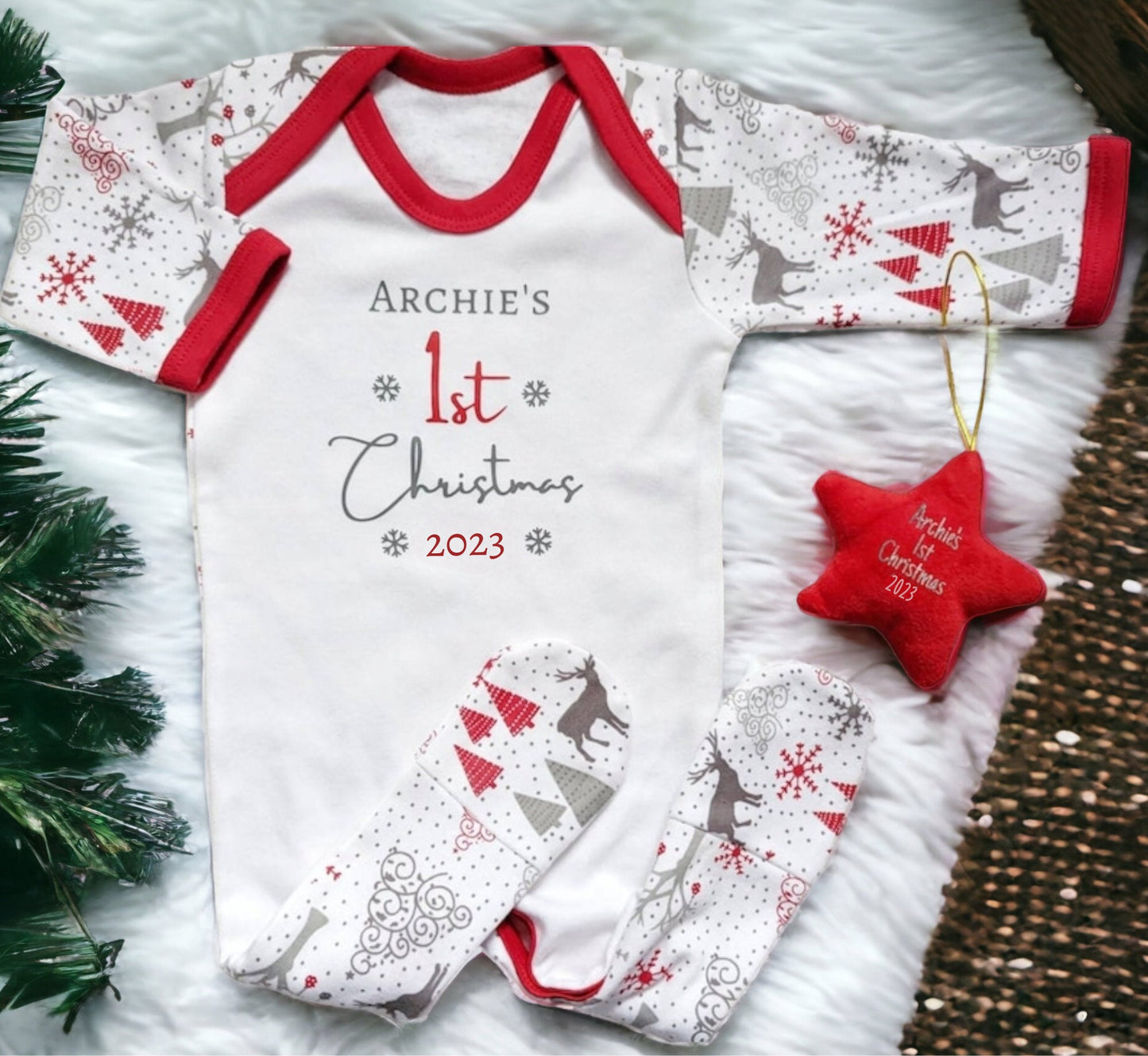 Personalised Baby's First Christmas Sleepsuit Hanging Star Decoration Set My 1st Xmas Gift New Baby Cotton