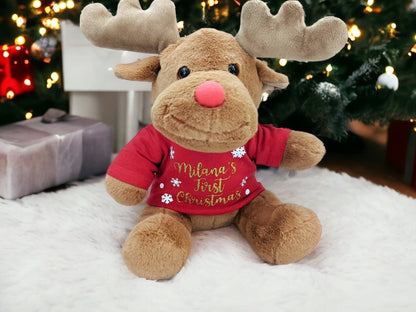 Reindeer Personalised Soft Toy CE Tested Christmas Tshirt Name Rudolff Plush Gift Merry Xmas Child Cuddly Teddy Stocking Filler 30cm