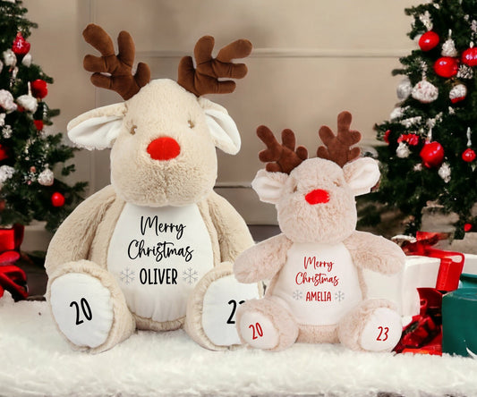 Personalised Reindeer Christmas Soft Toy Merry Christmas Year 2024 Xmas Eve Gift Cute Plush Custom Text Child's First Christmas Present