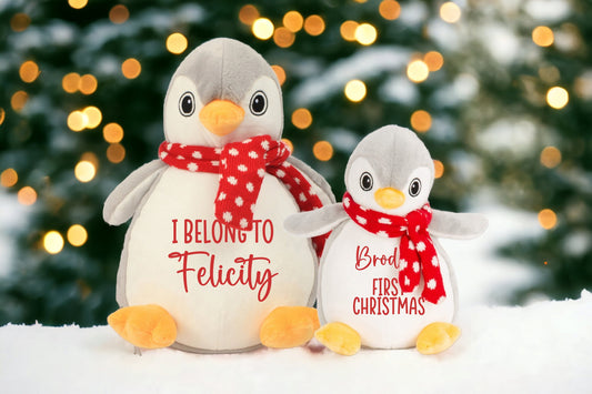 Personalised Christmas Teddy Penguin Soft Toy CE Tested First Xmas Gift Baby Child Present Festive Plush Stocking Choice Text Wording Colour