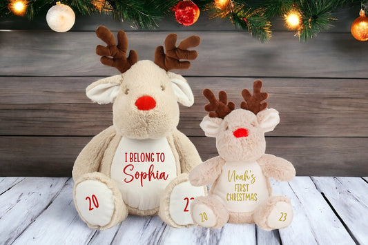 Personalised Christmas Teddy Reindeer Soft Toy CE Tested First Xmas Gift Baby Child Present Festive Rudolff Plush Choice Text Wording Colour