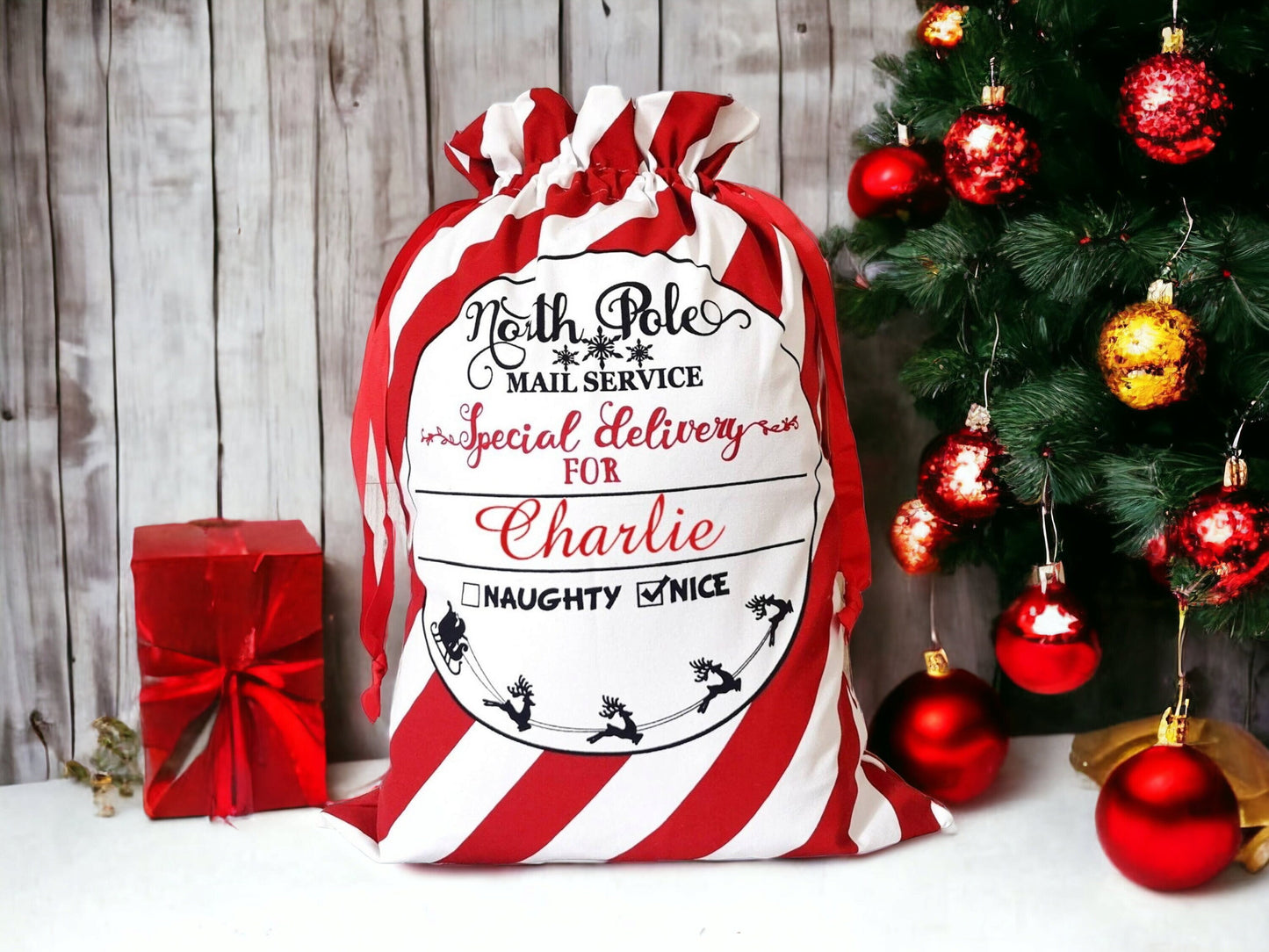Personalised Christmas Sack Santa Stocking Candy Cane Bag Custom Present Sack 45cm x 60cm