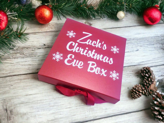 Personalised Christmas Eve Box Red Xmas Keepsake Case Child's Name Snowflakes Santa Gift Box