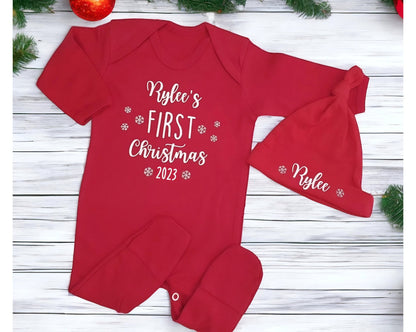 Personalised Baby's First Christmas Sleepsuit Hat Set My 1st Xmas Gift New Baby Cotton Romper Christmas Eve Christmas Day Outfit