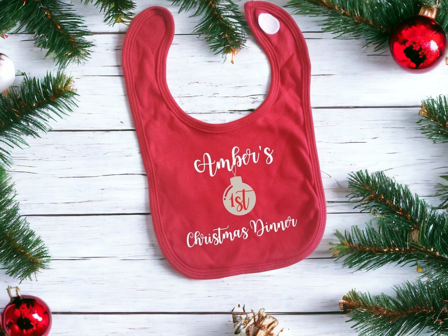 Personalised First Christmas Dinner Bib Baby Outfit My 1st Xmas Lunch Gift New Baby Cotton Red Gold White Silver Bauble Name