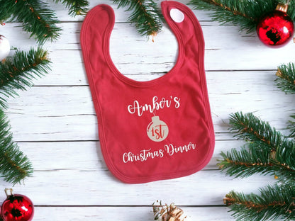 Personalised First Christmas Dinner Bib Baby Outfit My 1st Xmas Lunch Gift New Baby Cotton Red Gold White Silver Bauble Name