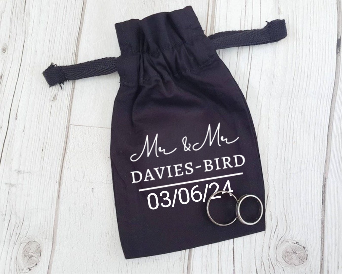 Personalised Wedding Ring Cotton Pouch Ring Bearer Bag Mr and Mrs Name Date Wedding Band Holder Black Drawstring Bridal Groom Gift