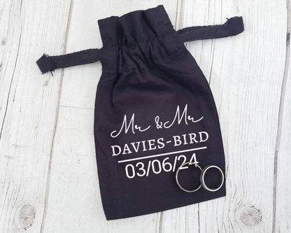Personalised Wedding Ring Cotton Pouch Ring Bearer Bag Mr and Mrs Name Date Wedding Band Holder Black Drawstring Bridal Groom Gift