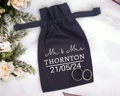 Personalised Wedding Ring Cotton Pouch Ring Bearer Bag Mr and Mrs Name Date Wedding Band Holder Black Drawstring Bridal Groom Gift