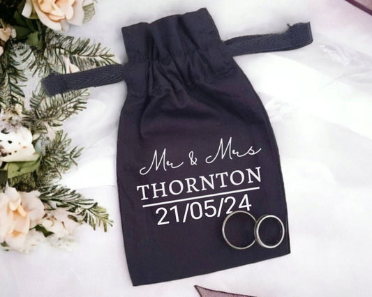 Personalised Wedding Ring Cotton Pouch Ring Bearer Bag Mr and Mrs Name Date Wedding Band Holder Black Drawstring Bridal Groom Gift