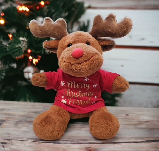 Reindeer Personalised Soft Toy CE Tested Christmas Tshirt Name Rudolff Plush Gift Merry Xmas Child Cuddly Teddy Stocking Filler 30cm