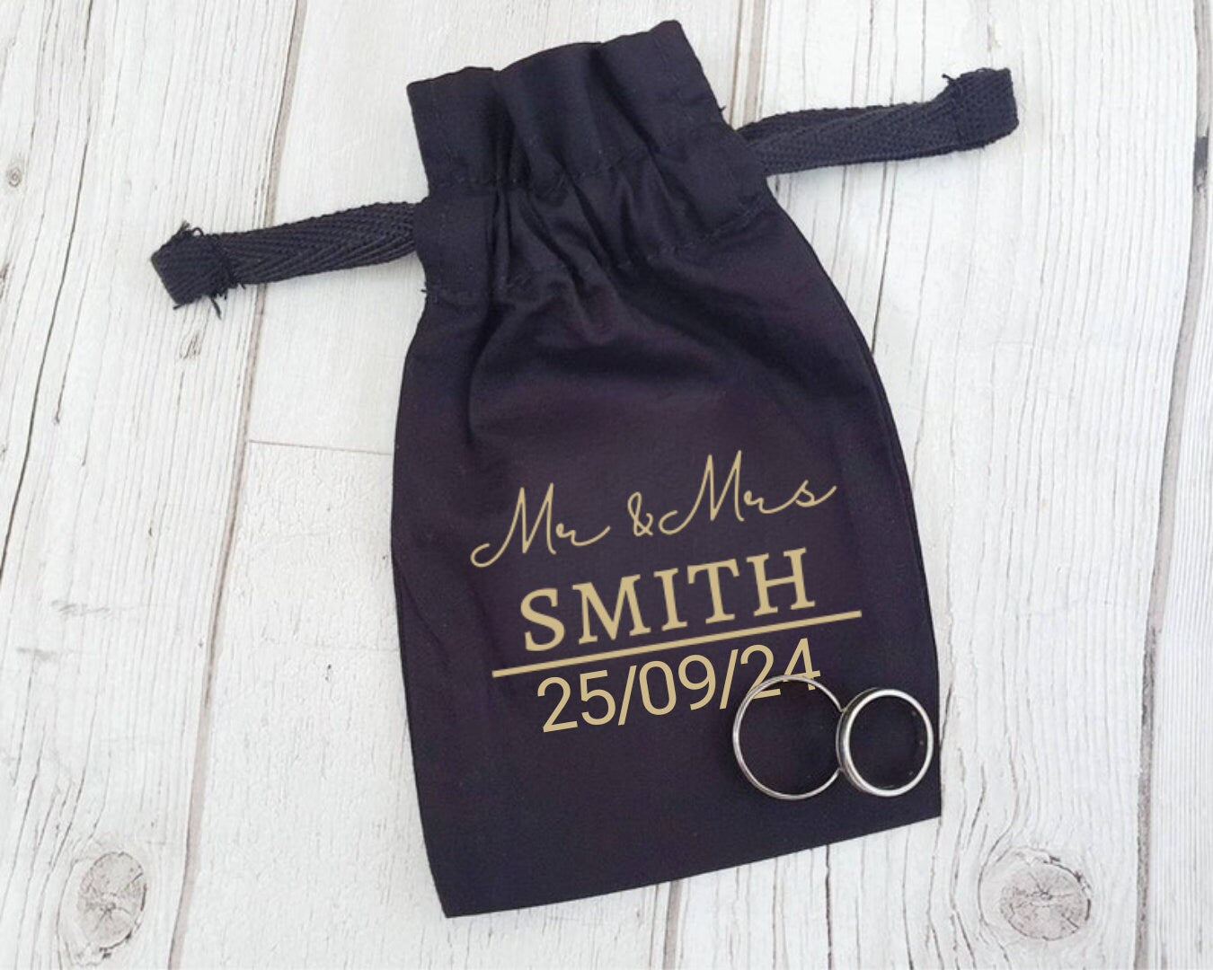 Personalised Wedding Ring Cotton Pouch Ring Bearer Bag Mr and Mrs Name Date Wedding Band Holder Black Drawstring Bridal Groom Gift