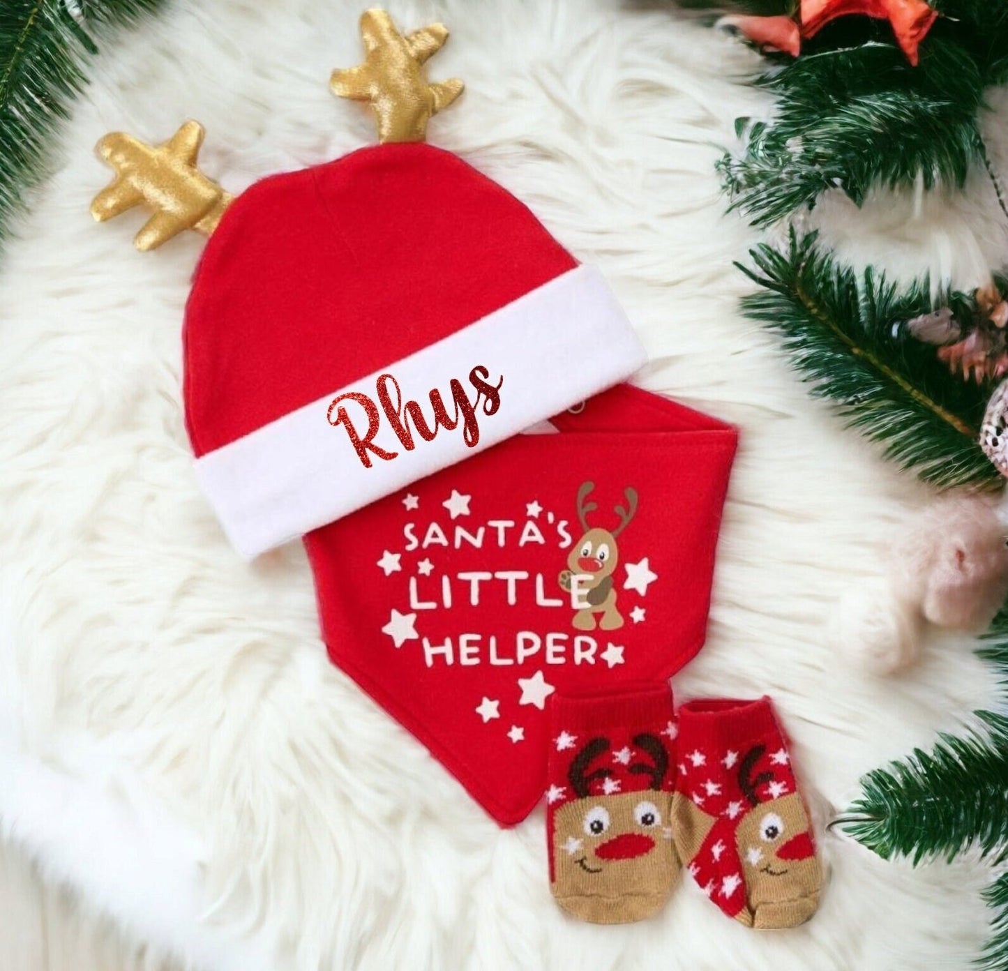 Personalised Baby's First Christmas Outfit Gift Set Santa Hat Custom Bib and Socks 0-6 Months Reindeer