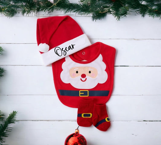 Personalised Baby's First Christmas Outfit Gift Set Santa Hat Custom Bib and Socks 0-6 Months Reindeer
