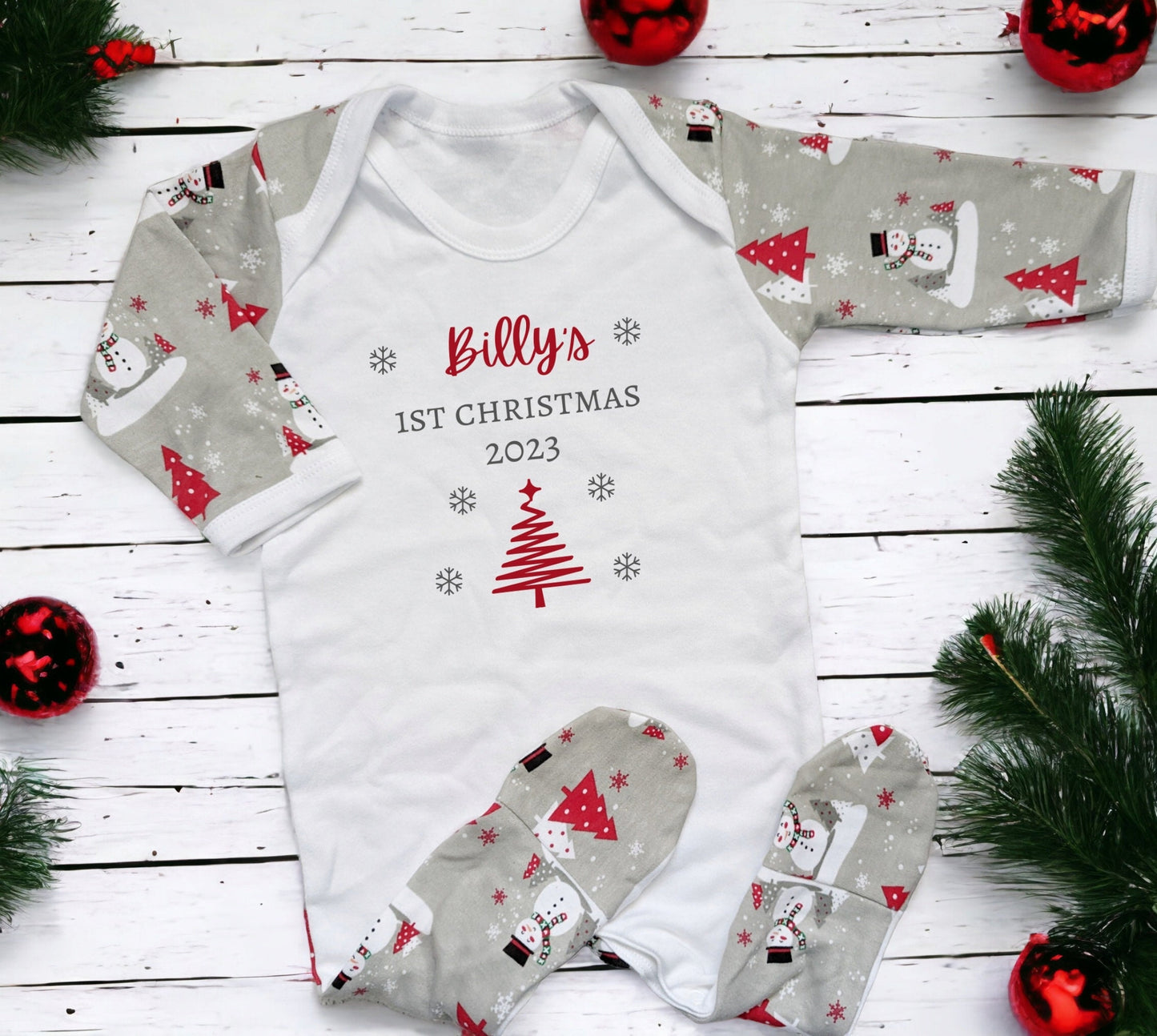 Personalised Baby First Christmas Sleepsuit My 1st Xmas Gift New Baby Cotton Baby's First Christmas Outfit Red Grey Reindeer or Snowman