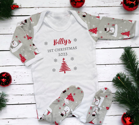 Personalised Baby First Christmas Sleepsuit My 1st Xmas Gift New Baby Cotton Baby's First Christmas Outfit Red Grey Reindeer or Snowman