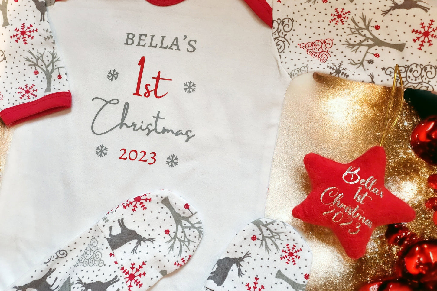 Personalised Baby's First Christmas Sleepsuit Hanging Star Decoration Set My 1st Xmas Gift New Baby Cotton