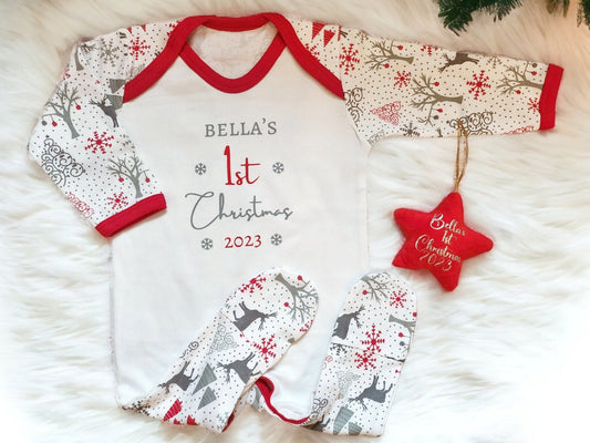 Personalised Baby's First Christmas Sleepsuit Hanging Star Decoration Set My 1st Xmas Gift New Baby Cotton