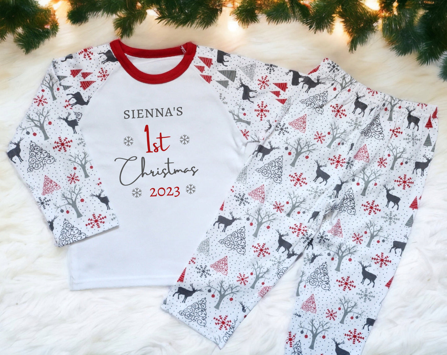 Personalised Baby's First Christmas Sleepsuit My 1st Xmas Gift New Baby Cotton Baby's First Christmas Outfit Red Grey Reindeer or Snowman