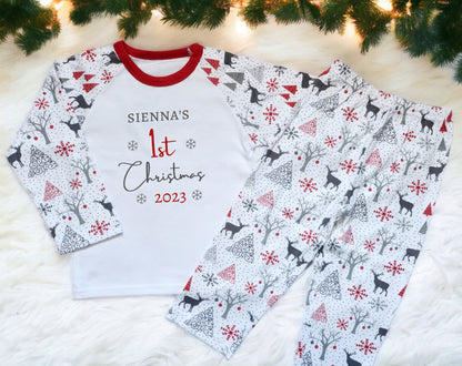 Personalised Baby's First Christmas Sleepsuit My 1st Xmas Gift New Baby Cotton Baby's First Christmas Outfit Red Grey Reindeer or Snowman
