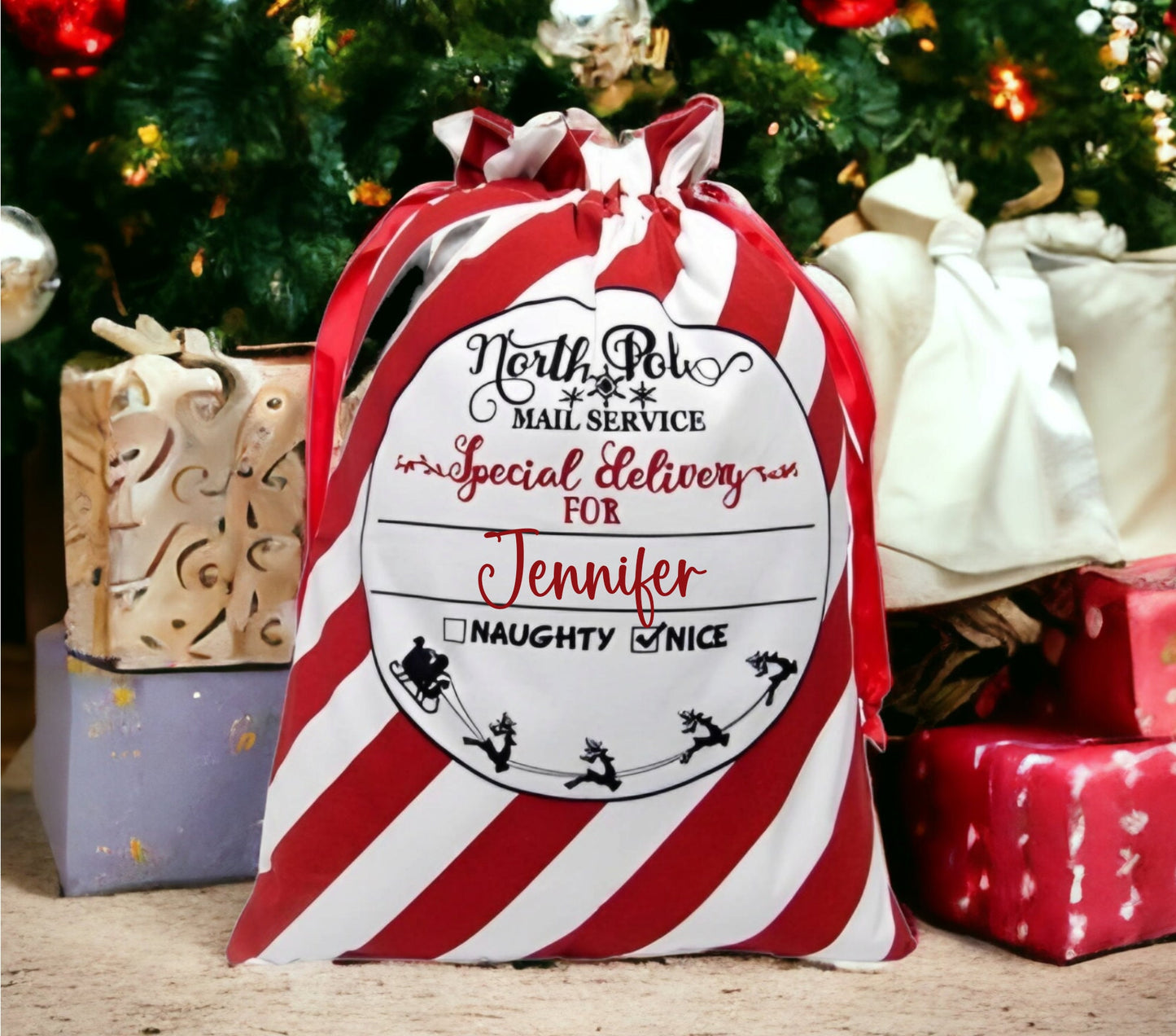 Personalised Christmas Sack Santa Stocking Candy Cane Bag Custom Present Sack 45cm x 60cm